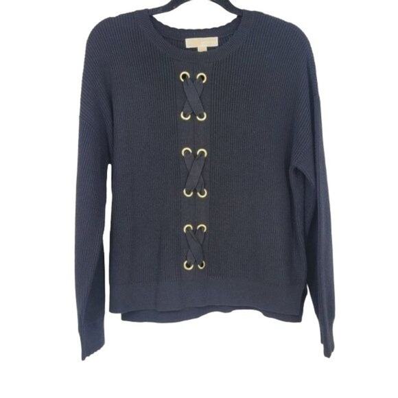 Michael Kors Black Side Slit Cotton Lace Up Grommet Front Sweater Size Medium - Picture 1 of 4